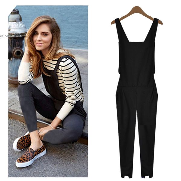 Großhandel - Frühling Herbst Club Party Schwarz ärmellose elastische Taille verzierte Manschetten lange lose Overall Strampler Damen Overalls plus Größe