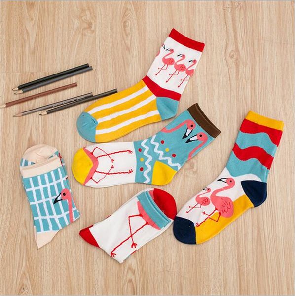 Wholesale-5 styles cute colorful flamingo cotton women striped plaid crew socks, girls harajuku casual funny cute kawaii Novelty Winter