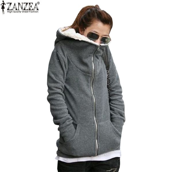 

wholesale- zanzea 2017 autumn winter women sweatshirt warm thick fleece hooded coat casual long sleeve basic jackets outerwear plus size, Black