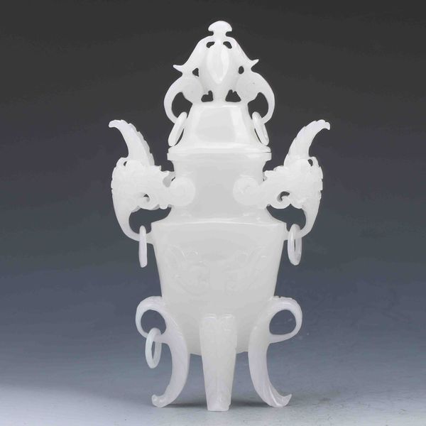 

chinese antique natural white jade hand carved incense burner & lid