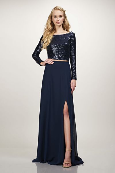 Zweiteilige Brautjungfernkleider mit Pailletten, sexy, seitlich geschlitztes Oberteil mit langen Ärmeln und Chiffon-Rock, Partykleid aus Chiffon. Atemberaubendes Brautjungfernkleid