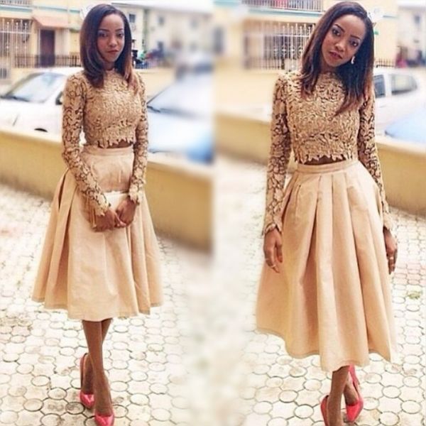 

gold two pieces prom dresses lace long sleeves and satin skirts evening gown tea length black girl formal party dress cheap