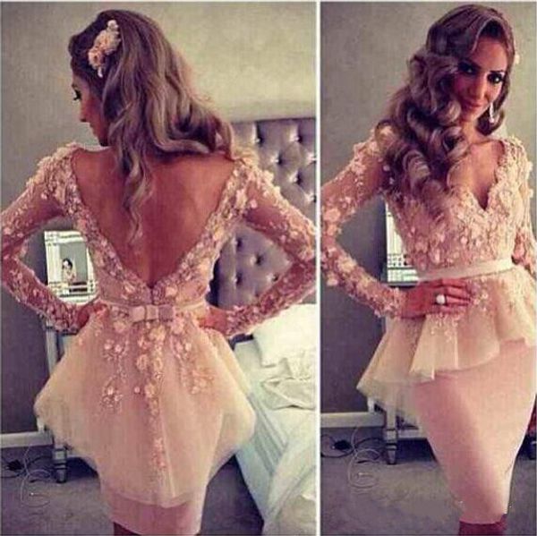 

vintage cocktail dresses myriam fares blush pink v neck long sleeves lace flowers sheath backless peplum celebrity evening dress prom gowns, Black