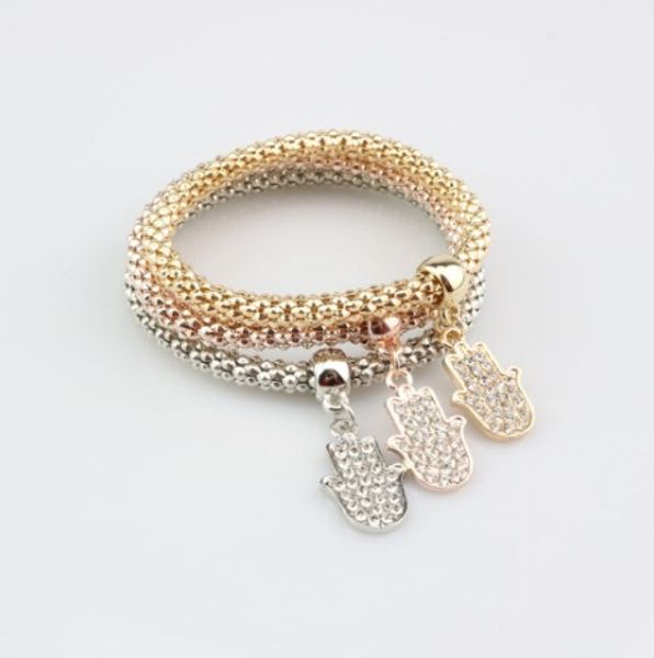 

popcorn elastic bracelet set hamsa hand three in one gold /silver /rose gold corn chain bracelet sets, Golden;silver