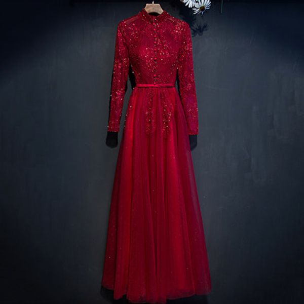

2017 new arrival long sleeve fancy red embroidery evening party gowns bodycon vintage turtle neck female red carpet runway dresses