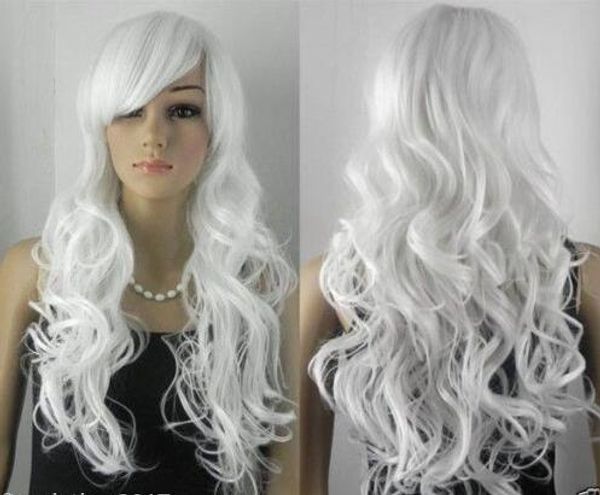 Nova Moda Lolita Branco Longo Encaracolado Ondulado Cosplay Perucas de Cabelo Anime