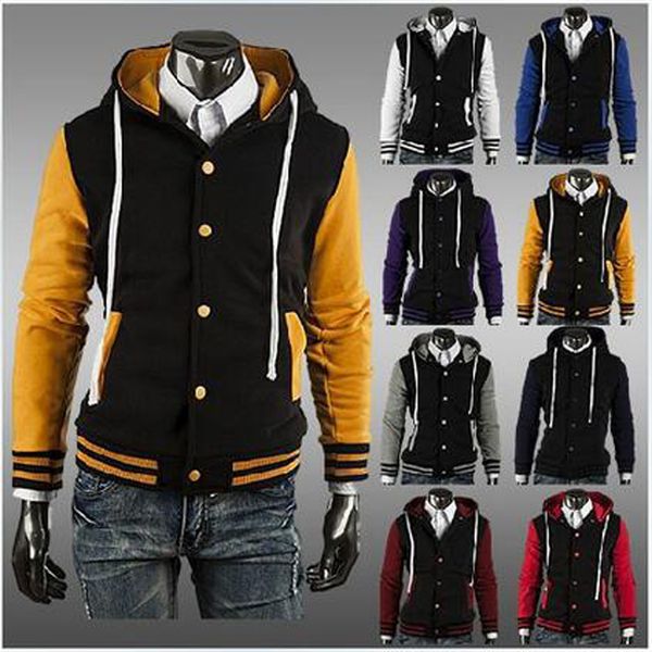 Herrenjacken Kostenloser Versand Großhandel-8 Farben Premium Varsity College Letterman Baseballjacke Uniform Jersey Hoodie Hoody mit Kappe M/L/XL/XXL