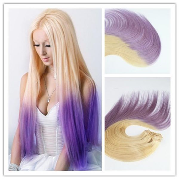 Ombre Color 613 / Lavanda Capelli vergini lisci Clip per capelli umani di qualità superiore più venduta nelle estensioni dei capelli 100G per fascio