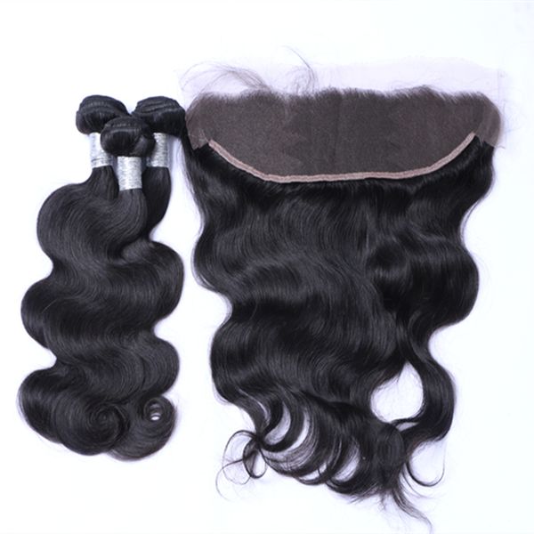 Kostenloser Versand!! Hochqualität 8A Brasilianer malaysischer peruanischer indischer junges Human Remy Body Wave mit 13*4 Spitze Frontal Haarverlängerungen