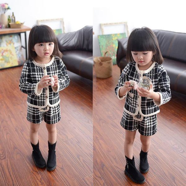 

autumn girl houndstooth cardigan long sleeved jacket shorts 2 piece suit 3-7t, White