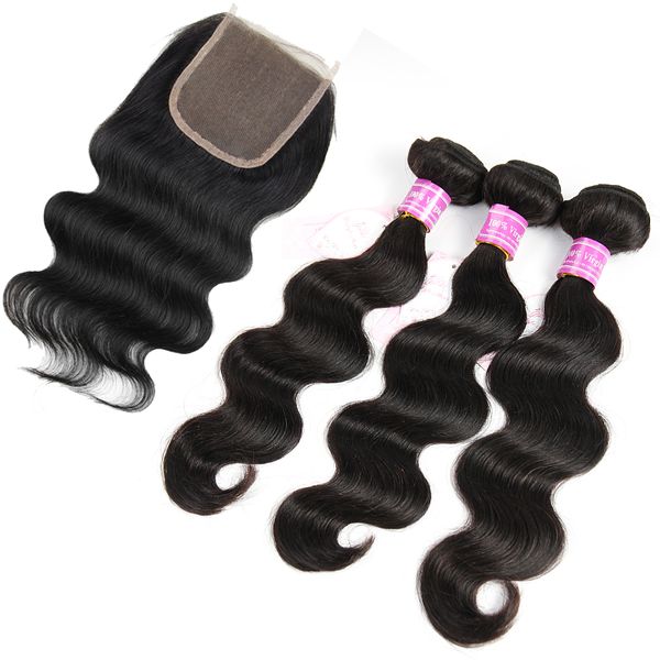 

part brazilian virgin human hair weaves 3 bundles body wave with closure unprocessed remy human hair weave cambodian mongolian peruvian, Black
