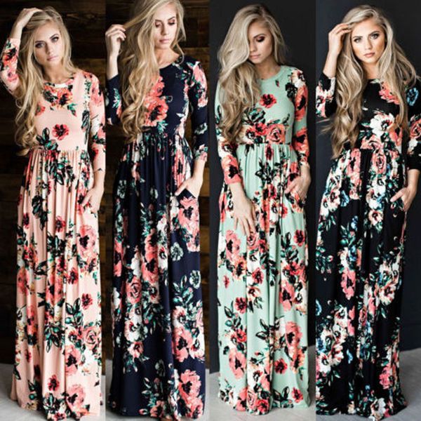 Venda por atacado- novas mulheres casuais verão floral longo vestido alta cintura feminina manga comprida vestido de festa mulheres boho longo vestido maxi