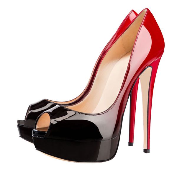 

Черный и красный градиент женщины насосы лакированная кожа Peep Toe высокие каблуки