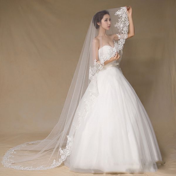 

3 meters long bridal veils lace edge elegant wedding veils for bridal soft tulle wedding accessories voile mariage, Black