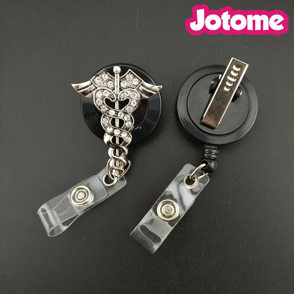 

50pcs/lot silver plated medical scepter rhinestone pendant nurse gift retractable id name badge reel holder, Gray
