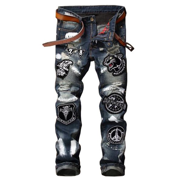 Wholesale- ABOORUN 2017 Punk Mens Tiger Embroidery Jeans Distressed Ripped Jeans with Patches Male Painted Jeans P7027