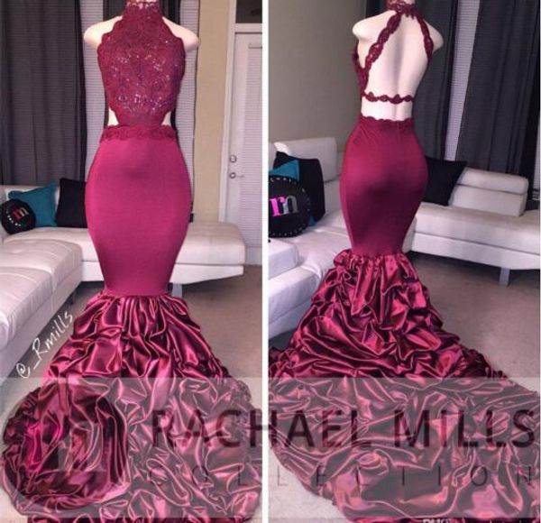 

2019 new burgundy mermaid high neck evening dre e backle lace equin tiered kirt evening dre e vintage long formal party wear