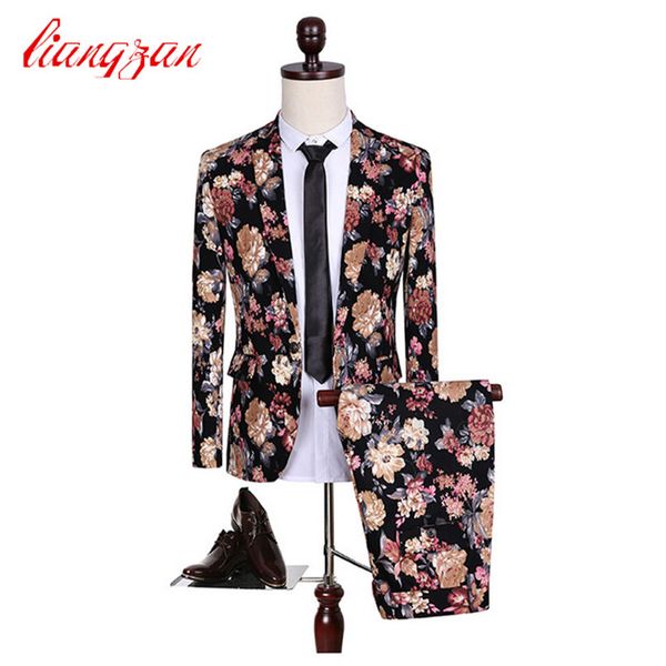 Atacado- (jaquetas + calças) Homens Floral Moda Terno Conjuntos Slim Fit Smokedo Festa Vestido Ternos Marca de Algodão Plus Size M-5XL Casamento Suites F2108