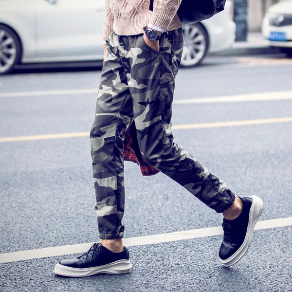 

wholesale- 2016 spring new men's fashion casual slim tie belt foot washing feet harlan xl camouflage pants, Black