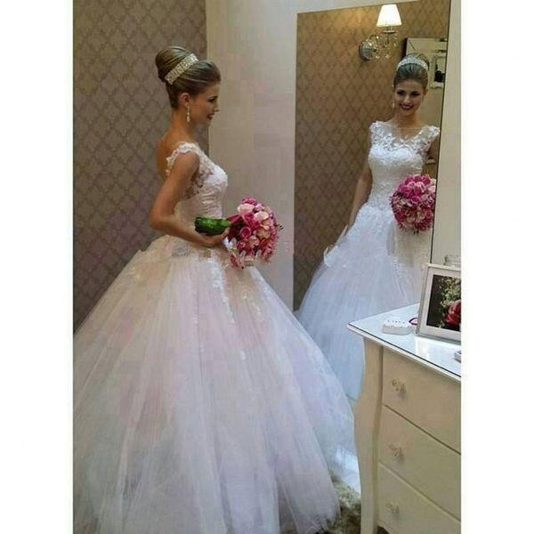 

backless appliques ball gown tulle princess wedding dress new spring cap sleeve custom made bridal vestidos see through, White