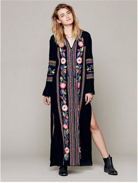 

long-sleeve embroidery dress, Black;pink