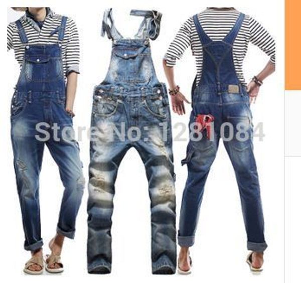 Wholesale-Men's Korean style slim Jumpsuits Hole suspenders jeans for men Mens denim bib pants Blue Denim Overalls Trouser For Man