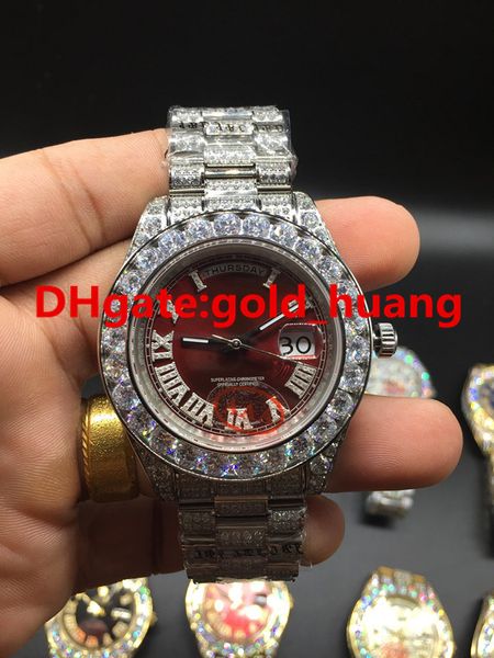 Orologio da uomo meccanico di lusso da 43 mm con grandi diamanti (quadrante multicolore) Orologio da uomo automatico in acciaio inossidabile con cinturino interamente in diamanti rosso 0248945