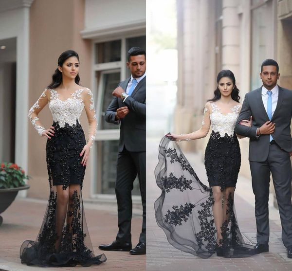 

2018 саудовский арабский дубай саид мхумад кружевные платья выпускного вечера вечерняя одежда прозрачные аппликации русалка с длинными рукав, Black;red