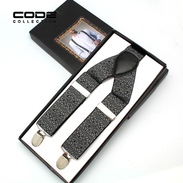 

wholesale-business elastic printed suspender for men classic fashion floral adjustable elastic clip-on brace jacquard suspenders, Black;white