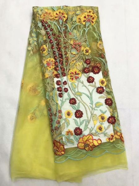 5 Y / pc Top venda tecido de renda líquida francês amarelo com design de flor bordado malha africano rendas para roupas LJ25-1