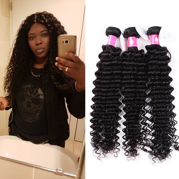 7A Onda Profunda Curly Virgem Cabelo Brasileiro Trama Do Cabelo Humano 300 g / lote 12-30 polegada 1B Preto Natural Tecer Cabelo Macio Para As Mulheres Negras