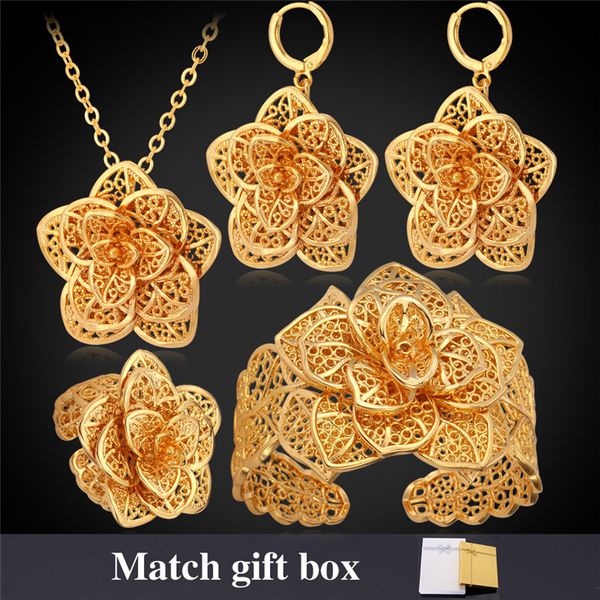 

Браслеты из манжеты для женщин 18K Gold / Platinum Plated Hollow Flowers Серьги Кольца Ожерелья Vintage African Jewelry Sets