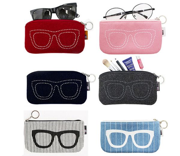 

lightweight felt cloth eyeglass pouch with zippers and keychain spectacle case also suitable for mobile phones and cosmetics