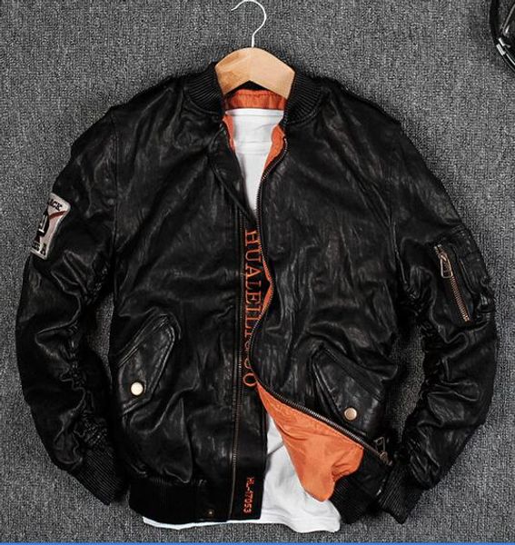 

ablack 41 stand collar men leather bomber jackets air force g1 flight suits jacket flocking baseball jacket, Black