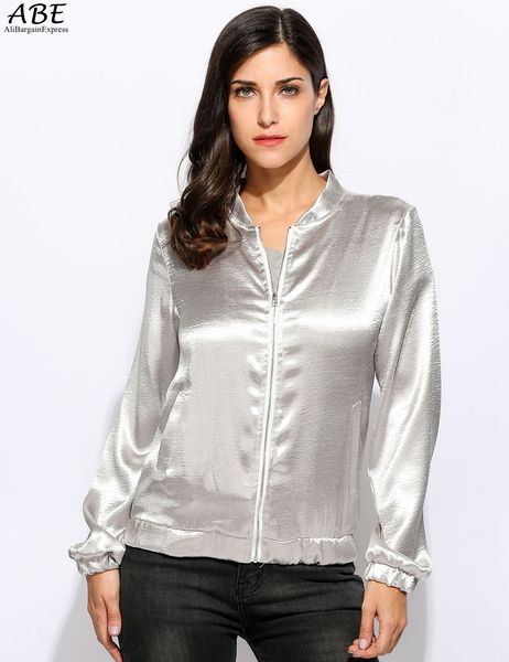 

wholesale- new women stand collar long sleeve zipper solid silver bomber jackets coats, Black;brown
