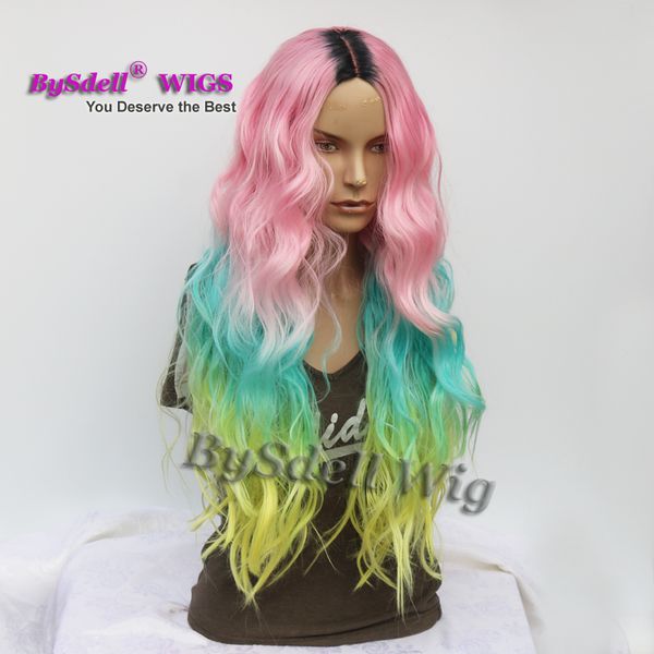 

Web Celebrity Long Wavy Hairstyle Wig Harajuku Ombre Pink Blue Green Yellow Colorful None Lace/ Lace Front Wig with Black Roots