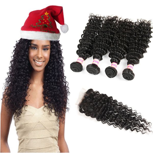 Malaysian Hair Bundles Deep Wave Human Hair Lace Closure
