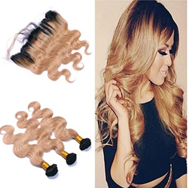 8A Körper-Wellen-Honey Blonde Haare mit Spitze Frontal Schließung brasilianische Ombre 1B / 27 dunkle Wurzel Ohr zu Ohr Lace Frontal Mit Bundles