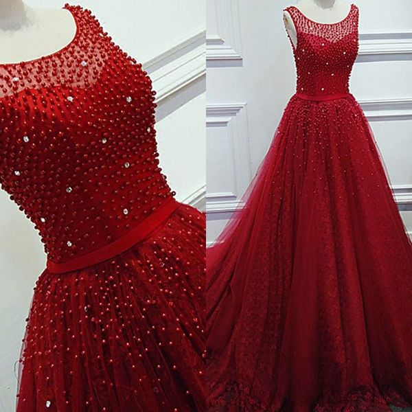

stunning a line red lace prom dresses sheer neck sleeveless luxury pearls crystals v back zipper up evening party gowns, Black