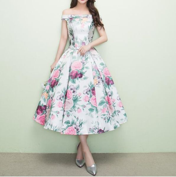 

retro style floral pattern prom dresses off shoulder a line ankle length party gowns lace up back custom size, Black
