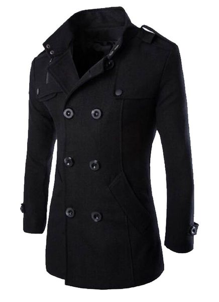 

wholesale- mlg mens classic double breasted mid long trench pea coat, Black