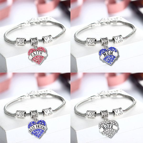

new crystal letter family member jewelry friend/hope/faith/daughter bracelets sweet love heart charm bracelet & bangle for women, Golden;silver