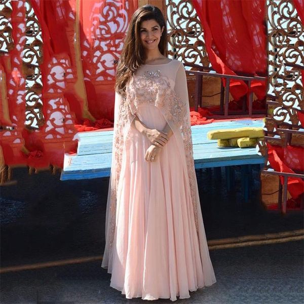 

2017 Elegant Light Coral Appliques Evening Dress Long With Cape Peach Chiffon Formal Gowns Indian Women Gown Long Dress
