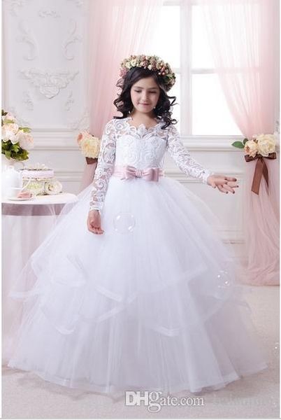 

Lace applique flower girl dre long leeve ball gown tulle bow fir t communion dre e pageant gown cu tom ize