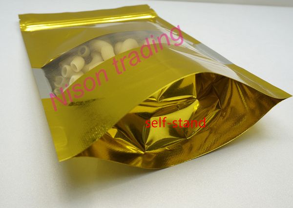 

10*15cm, 100pcs/lot X Gold Stand up aluminum foil ziplock bag with clear window-pack toy/doll reopenable plastic sack