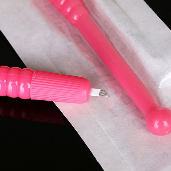 

10pcs pink disposable pen with manual eyebrow tattoo curve blades cf/u needle microblade needle for tattoo