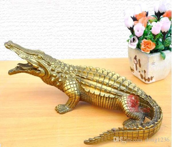 Büyük 10 inç Pirinç Bakır İşi carve Crocodile Dekorasyon Heykeli