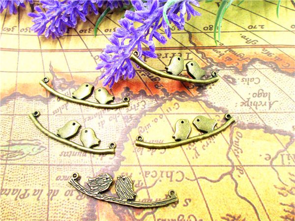 

45 pcs - love birds,tibetan bronze bird perch branch pendants/charms,pastoral style, diy supplies,11x44 mm, Bronze;silver