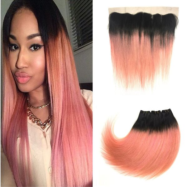 Pink Ombre Silky Straight Brazilian Hair With 13x4 Lace Frontal