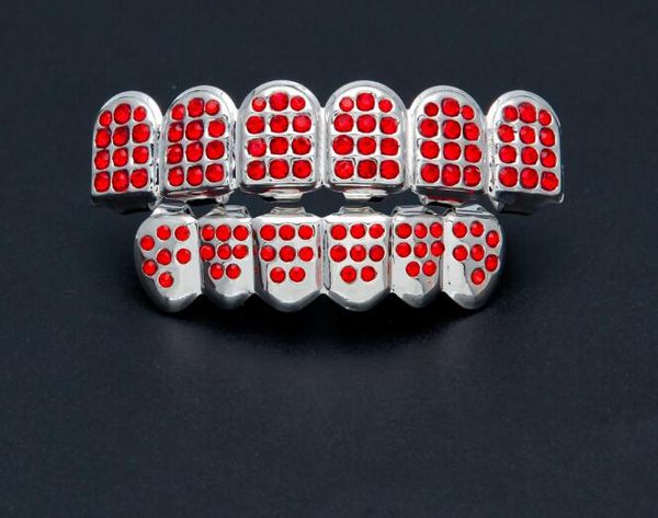 

hiphop rap grillz caps & bottom grill sets teeth grillz bling jewelry gold silver with red rhinestone opp bag bling teeth drop shipping, Blue;slivery